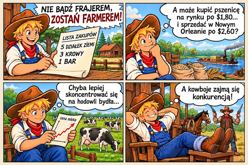 Komiks: farmer planuje zakupy (5 działek ziemi, 3 krowy, 1 bar), kombinuje, czy kupić pszenicę po $1,80 i sprzedać w Nowym Orleanie po $2,60, potem stawia na hodowlę bydła, a na końcu odpoczywa: kowboje zajmą się konkurencją.