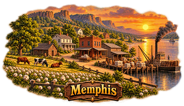 Memphis w 1832 roku — pola bawełny, bydło, General Store i parowiec nad Missisipi