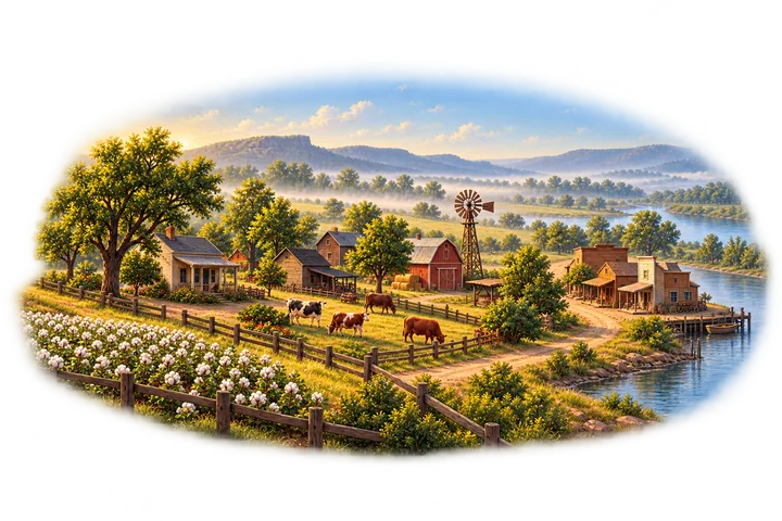 Małe miasteczko na pograniczu o poranku: kilka sąsiednich farm, pole bawełny, krowy na pastwisku, główna ulica